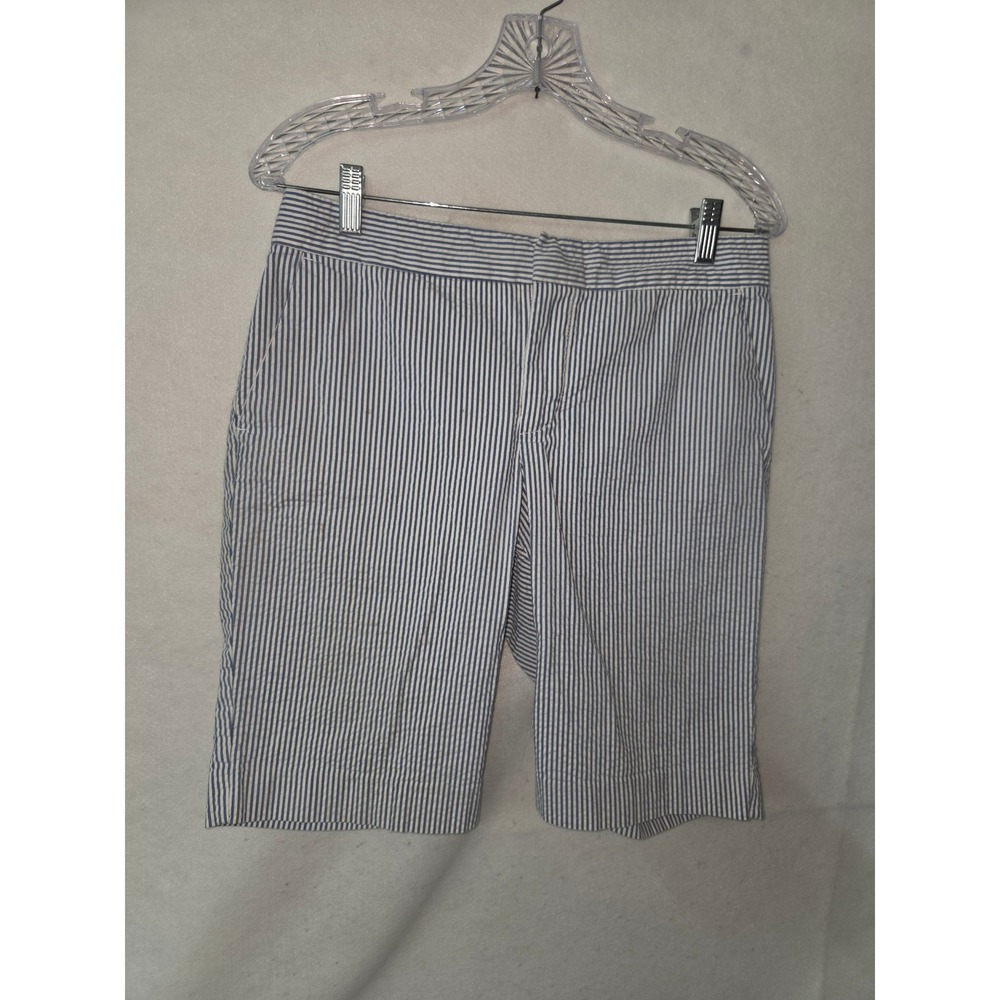 Chaps Women Blue White Striped Seersucker Bermuda Shorts Size 10 Preppy Coastal